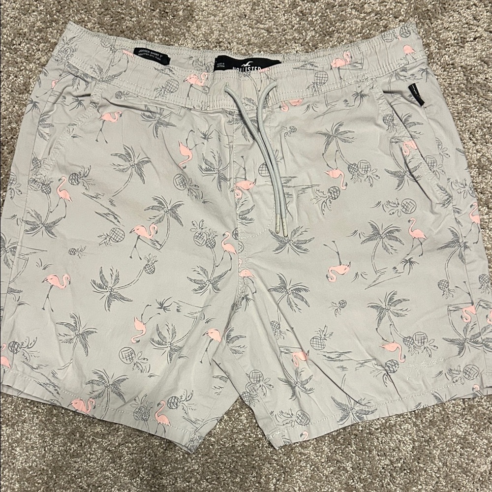 Hollister Light Gray Swim Shorts with Pink Flamingo Print